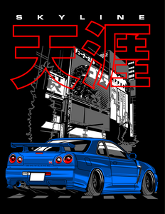 R34 Stance Skyline GTR Racing Car Night City T-Shirt